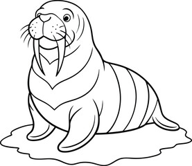 Adorable Cartoon Walrus Illustration Black and White Line Drawing