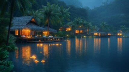Fototapeta premium At night, the Lagoon's tropical resort