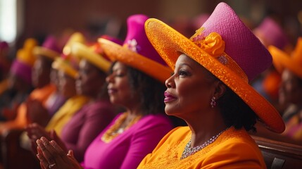 Smiling woman in a vibrant hat in a colorful outdoor celebration