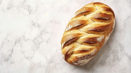 Rustic Golden Braided Loaf Bread on White Marble Background