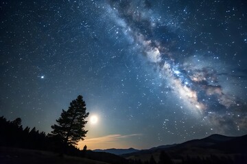 Fototapeta premium A vibrant vector background showcasing a violet tree split into day and night themes, with a glowing sun, a serene moon, and a gradient sky blending warm and cool tones.