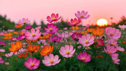 Flowers with dew in a garden in the morning ligh