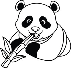 Adorable Cartoon Panda Eating Bamboo, Black and White Illustration