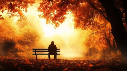 Obraz premium Autumn Solitude: A solitary figure sits on a park bench, enveloped by the warm, golden hues of an autumnal landscape, creating a mood of quiet contemplation.