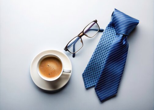 Minimalist Father's Day Concept with Blue Tie, Cufflinks, Glasses, and Coffee Cup on White Background for Celebration, Appreciation, and Gift Ideas for Dads