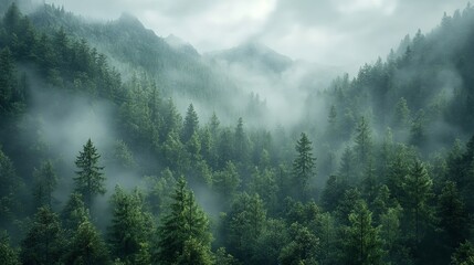 A misty green forest in the early morning, quiet and peaceful