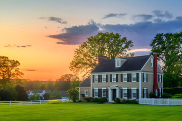 A stunning American colonial home at dusk.