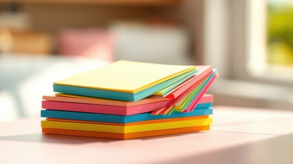 A stack of colorful sticky notes arranged in a neat pile on a light pink table