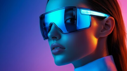 Futuristic woman wearing vibrant blue visor sunglasses
