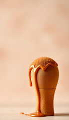 Fototapeta premium Closeup photography of beauty blender with dripping bronzer on it.Neutral beige background,large banner with copy space, blurry foreground, with white tones