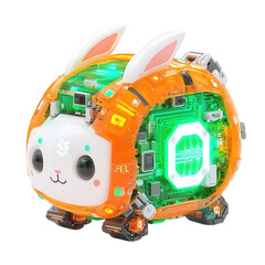 Fototapeta premium A cute, illuminated robotic bunny with a vibrant orange and green body, featuring playful elements and a friendly face isolated on white background