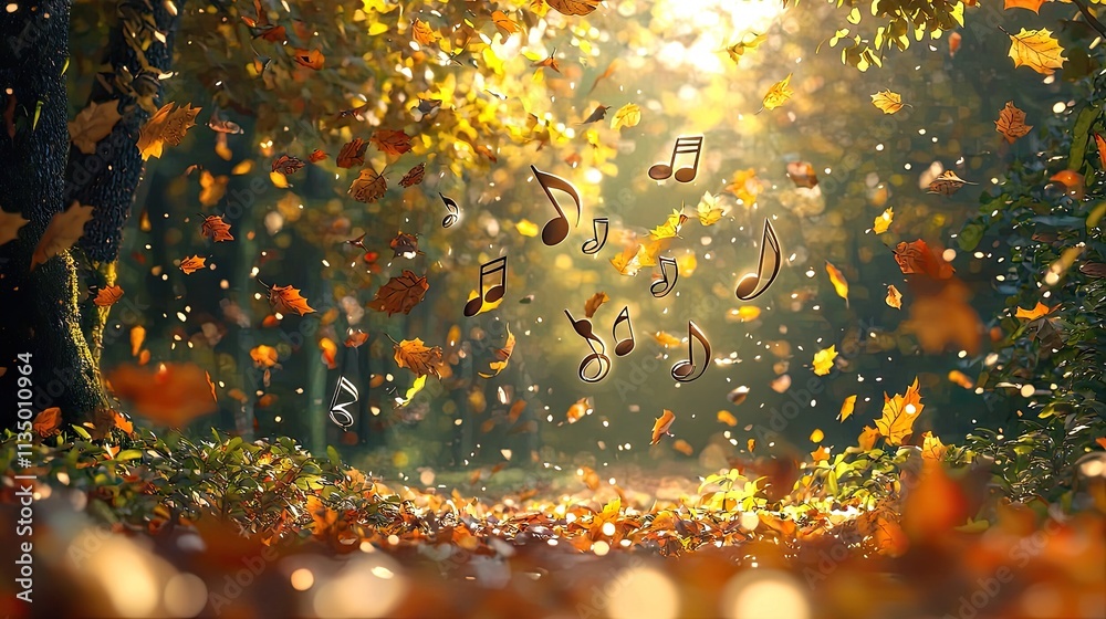 Poster the visual presents a tranquil autumn forest scene filled with swirling musical notes dancing among 
