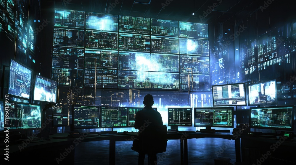 Aufkleber This image captures a person in a high-tech command center watching over data flows, ready to detect any anomalies, indicated by screens filled with live data and a high-