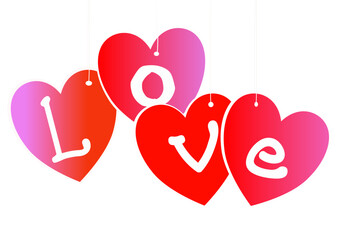 Hanging heart labels on transparent background with the word love written on it. Decoration for a wedding or valentine's dayoveTranspWhite