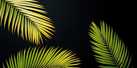 Obraz premium A minimalist tropical arrangement featuring vibrant palm fronds against a stark black background, showcasing the natural beauty and texture of foliage.
