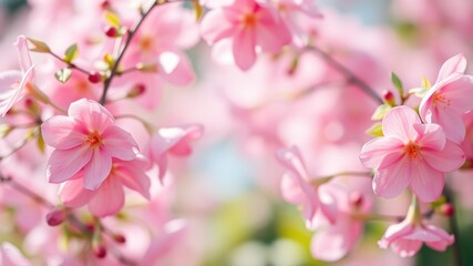 Obraz premium A cluster of delicate pink blossoms, with soft petals and a gentle, ethereal quality, bathed in the warm glow of sunlight, creating a beautiful and serene scene.