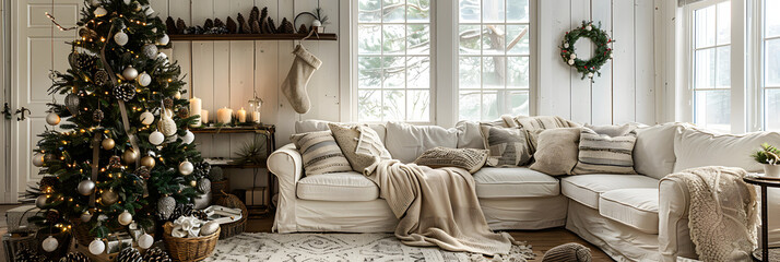 A Christmas tree adorned with natural pinecones, berries, and rustic garlands, in a Scandinavian-style home