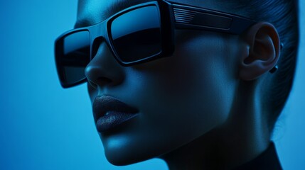 Stylish woman in bold black sunglasses with futuristic blue lighting