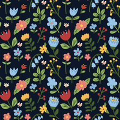 Cute spring seamless floral pattern. Colorful flowers on a black background. Hand-drawn minimalism