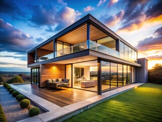 Modern Minimalist House Design, Large Windows, Stunning Landscape Views, Architectural Photography, Home Exterior