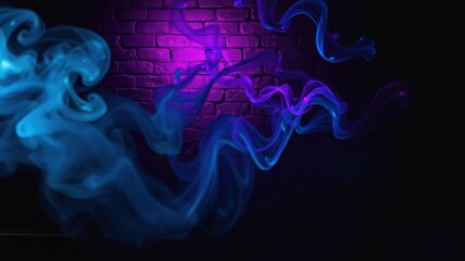 Obraz premium Abstract Smoke Trails Swirling in Front of a Dark Brick Wall Illuminated by a Purple Light