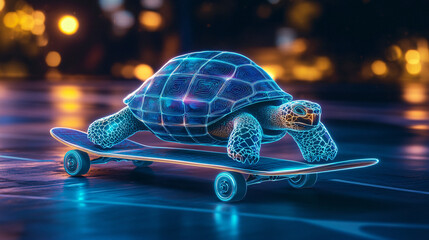 A futuristic skateboarding icon linked to a glowing tortoise, symbolizing online platforms for slow-motion sports analysis. 