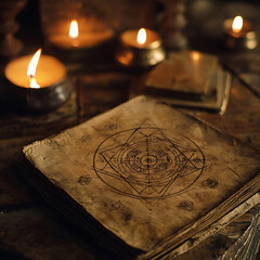 Fototapeta premium Ancient Mystical Manuscript with Esoteric Symbols and Candlelight in a Darkened Room, Evoking a Sense of Mystery and Arcane Knowledge in a Vintage Setting