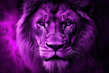 Fototapeta premium An amazing lion's face with a wild mane, looking intently into the camera. purple tint. unusual background. 
