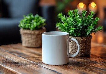 White Mug Rests on Wooden Table Near Plants