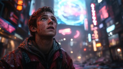 Obraz premium Man standing in a cyberpunk city at night