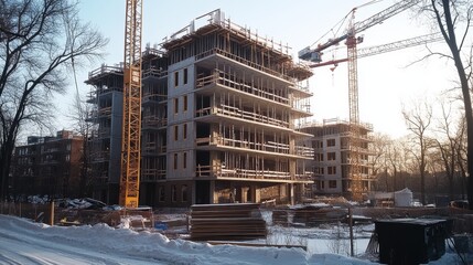 Naklejka premium Construction site with an unfinished building in a sunny setting