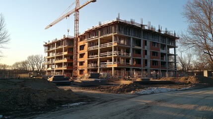 Fototapeta premium Construction site with an unfinished building under a blue sky