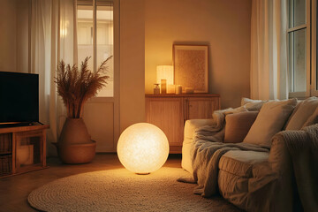 Warm glowing spherical floor lamp in a cozy modern interior4k image