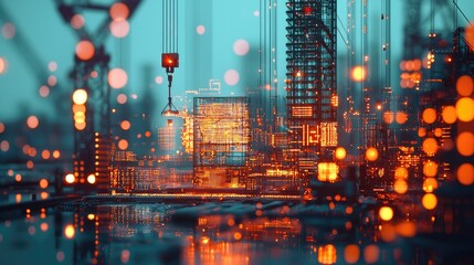 A creative blend of a construction site intertwined with digital circuitry, reflecting the influence of data and technology on contemporary engineering and architecture.