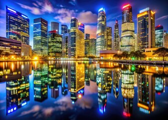 Fototapeta premium Night City Skyline Photography: Glass Skyscrapers, Bright Lights, Urban Reflections