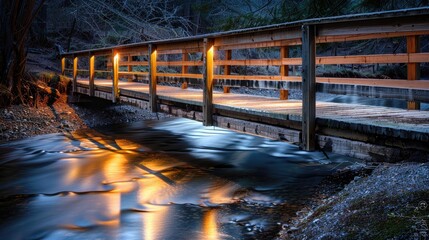 A peaceful wooden footbridge with soft light reflecting off the stream below