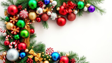 Festive Christmas Wreath of Green Twigs Decorated with Red, Green, Gold and Silver Ornaments and Candy Canes on White Background