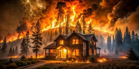 Intense Wildfire Surrounds House at Night with Flames Reflected in Windows, Smoke and Sparks Fill the Air Amidst a Chaotic Forest Scene
