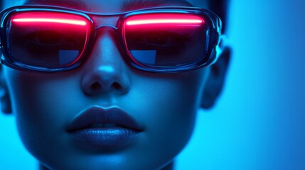 Stylish woman in red futuristic sunglasses under glowing blue lighting