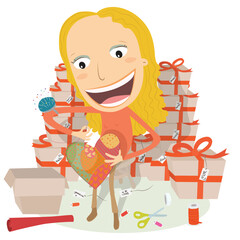 Girl making handmade heart Christmas gift to give to the whole family an friends. Vector illustration.