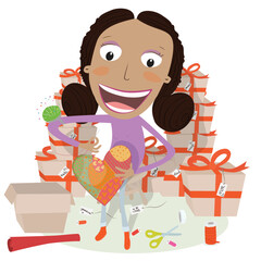 Girl making handmade heart Christmas gift to give to the whole family an friends. Vector illustration.