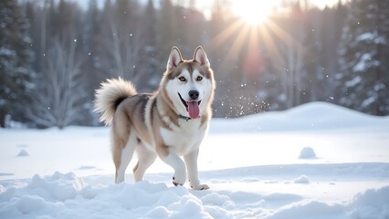 Naklejka premium Husky in snowy landscape under sunlight