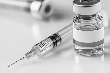 A close-up of a vaccine vial and syringe, highlighting medical equipment used for vaccination and health care.