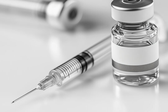 A close-up of a vaccine vial and syringe, highlighting medical equipment used for vaccination and health care.