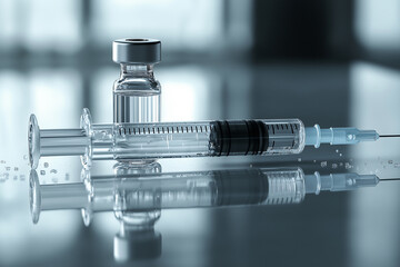 A syringe and vial resting on a reflective surface, symbolizing healthcare, medication, and vaccinations.