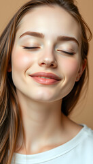 Obraz premium beauty portrait of a girl with eyes closed in pleasure with perfect skin without makeup on a beige background, skin care concept, simple style, with white tones