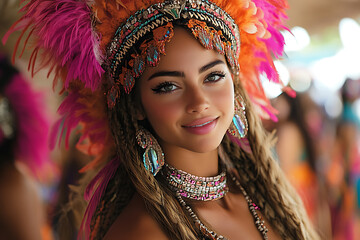 A lively Rio Carnival scene showcasing dancers in vibrant feathered costumes, samba performers, and...