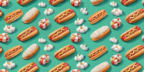 A Seamless Pattern of Miniature Hot Dogs, White Marshmallows, and Red and White Gummy Candies on a Light Green Background