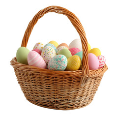 A woven basket filled with colorful, decorated Easter eggs in various pastel shades and patterns isolated on white background