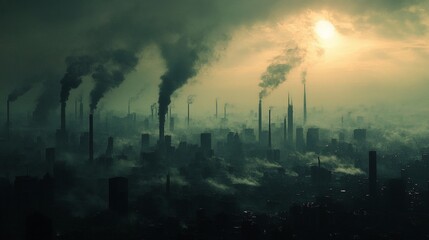 Obraz premium A Dark Polluted Cityscape Depicting the Harsh Realities of Urban Smog and Toxicity: A Visual Representation of Environmental Challenges
